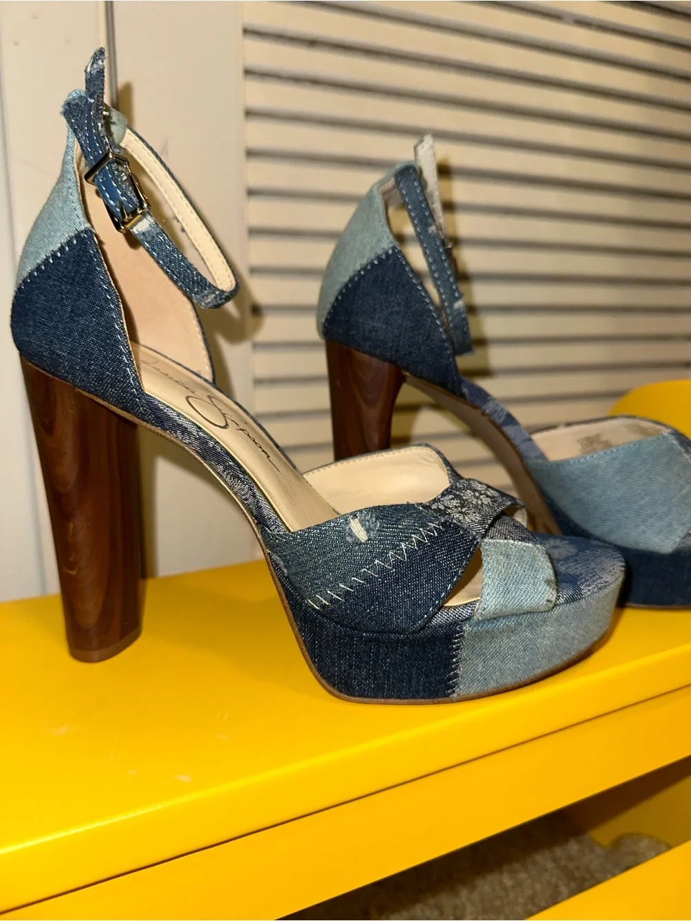 Jessica Simpson Patchwork Blue Denim Platform Sandals with Ankle Strap